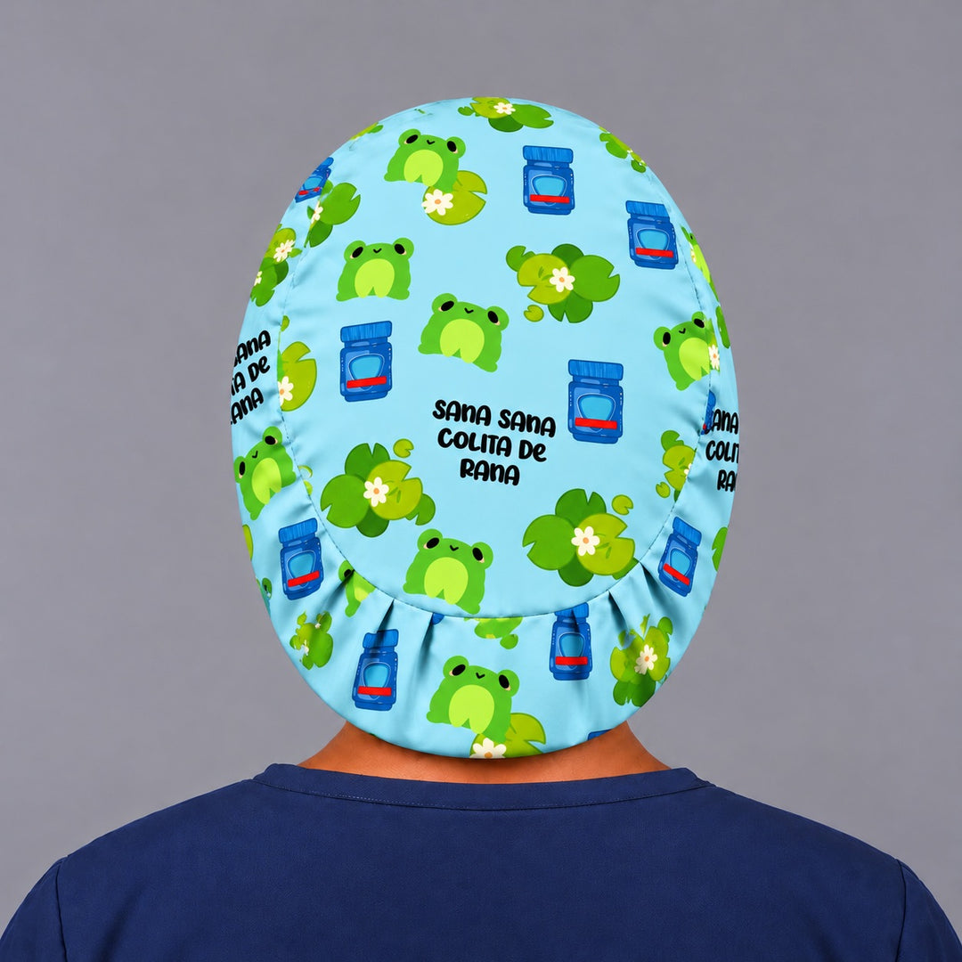 Back view of the Sana Sana euro cap, showing the oval crown panel with Sana Sana Colita de Rana lettering and the evenly pleated elastic band