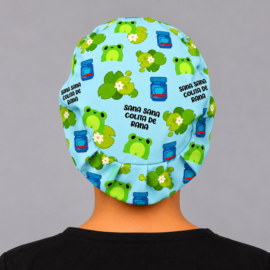 Back of a Sana Sana Euro scrub cap showing the adjustable elastic band, handmade by OR World