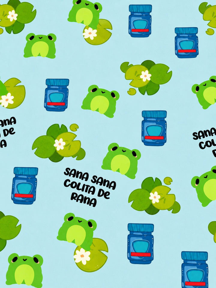 Close-up of Sana Sana frog print cotton fabric used for the OR World ponytail scrub cap
