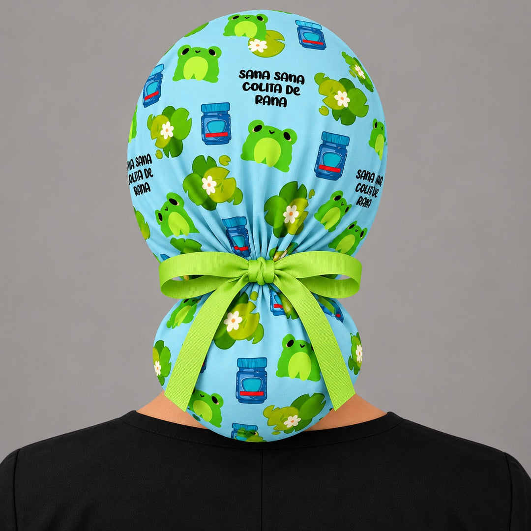 Back of a Sana Sana ponytail scrub cap with gathered pocket and lime green grosgrain ribbon tie