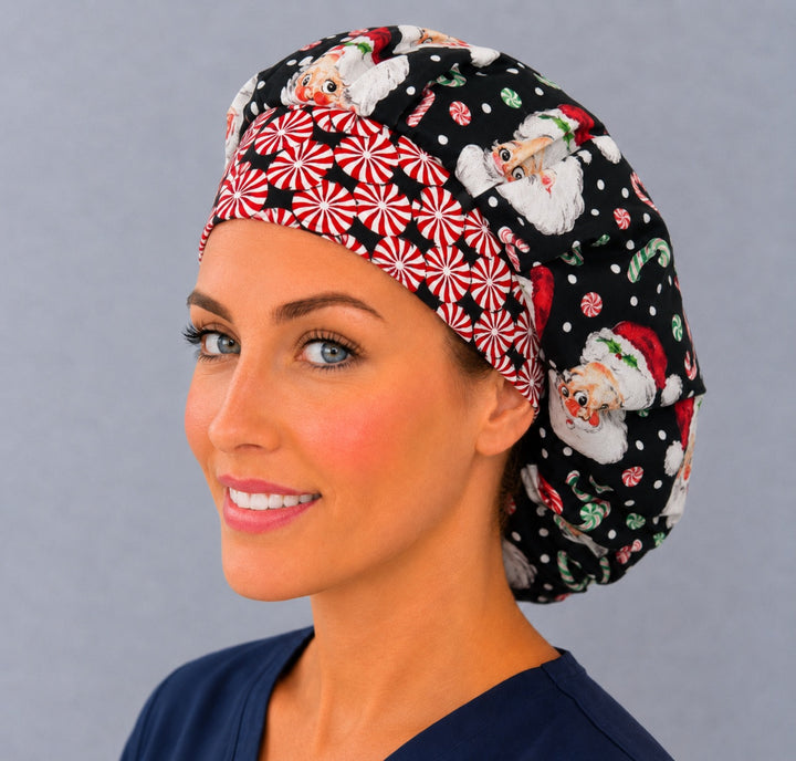Santa and candy cane bouffant cap for women, left angled smiling view — handmade holiday surgical cap, USA made
