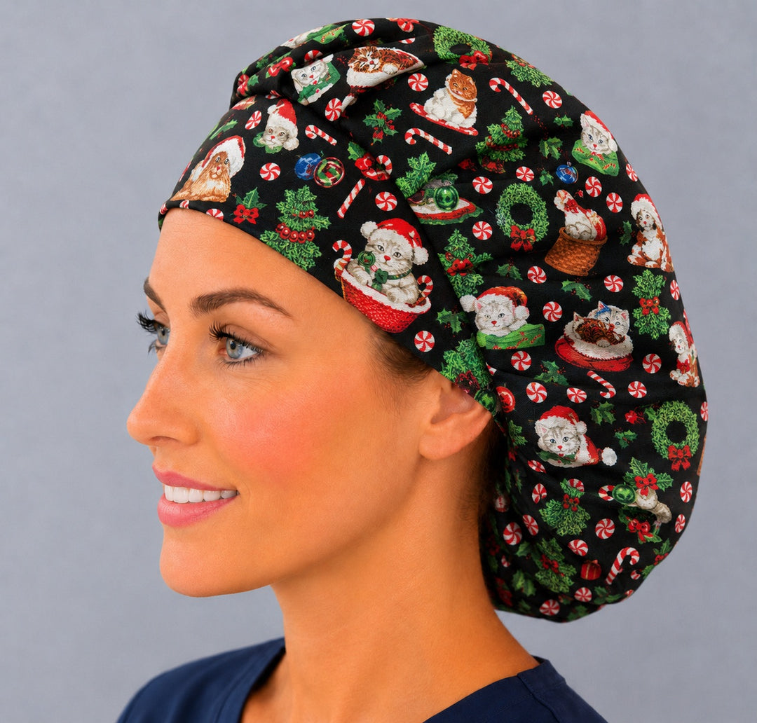 Santa cat bouffant cap for women, left side profile — candy cane and holly print, handmade Christmas surgical cap, USA made