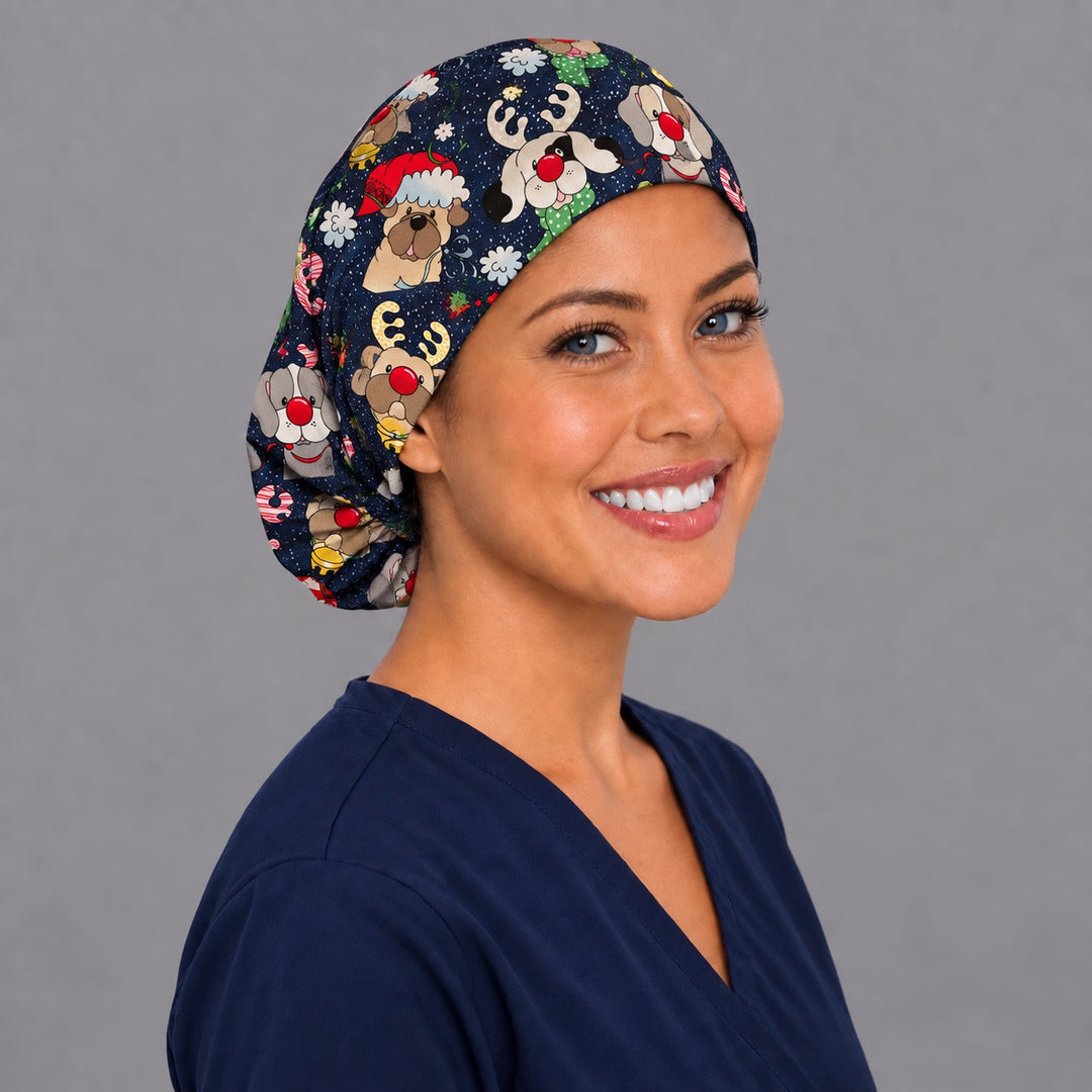 Santa dog Euro scrub cap, right angled smiling view — red-nosed reindeer puppies for OR nurses and surgical techs