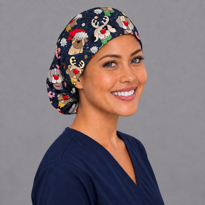Santa dog Euro scrub cap, right angled smiling view — red-nosed reindeer puppies for OR nurses and surgical techs