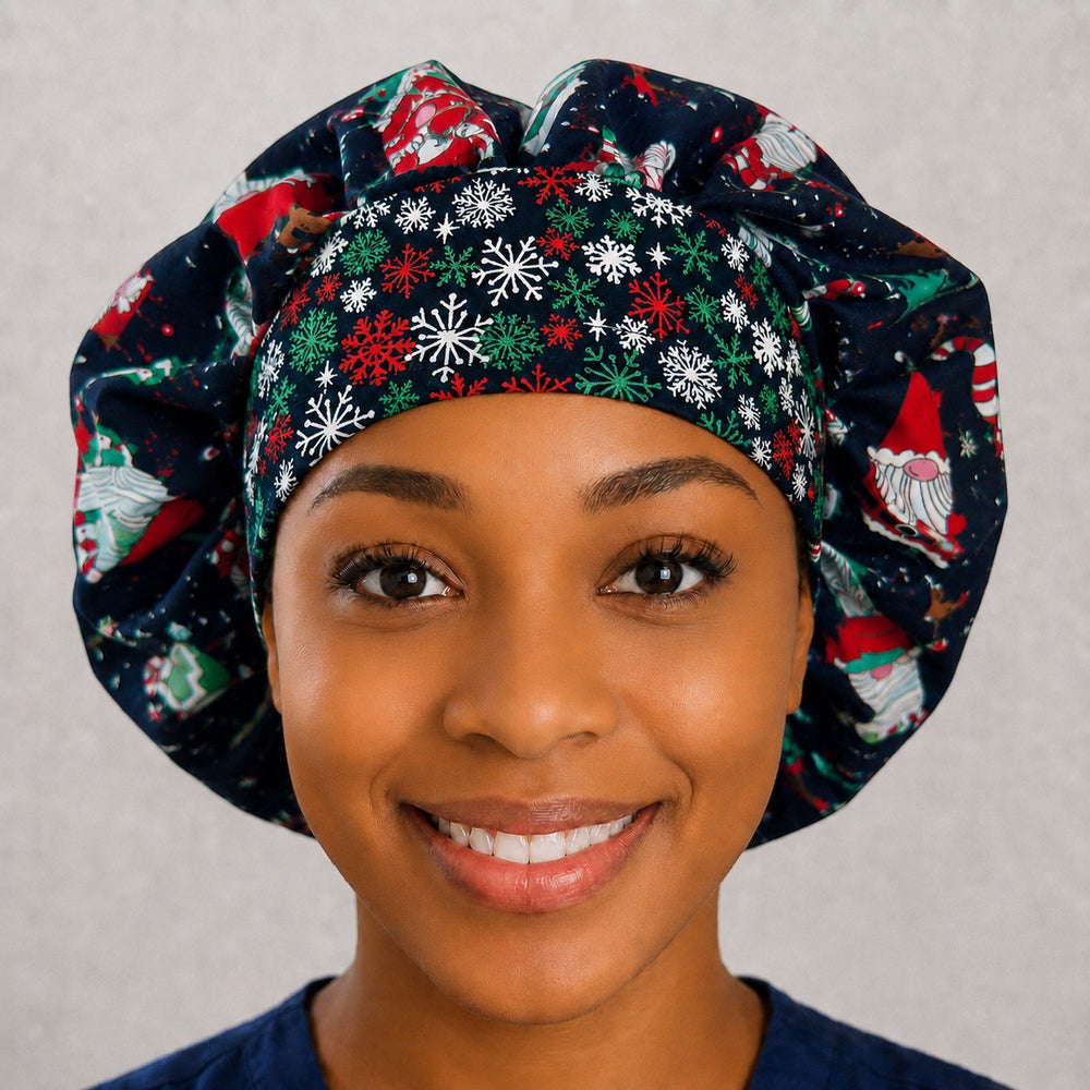 Angled view of the Santa gnome bouffant surgical hat — navy holiday print with snowflake contrast band, roomy breathable cotton cap for nurses