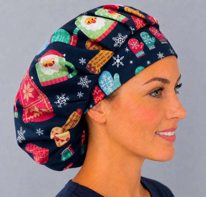 Santa sweater bouffant cap for women, right side profile — handmade ugly sweater print holiday surgical cap, USA made