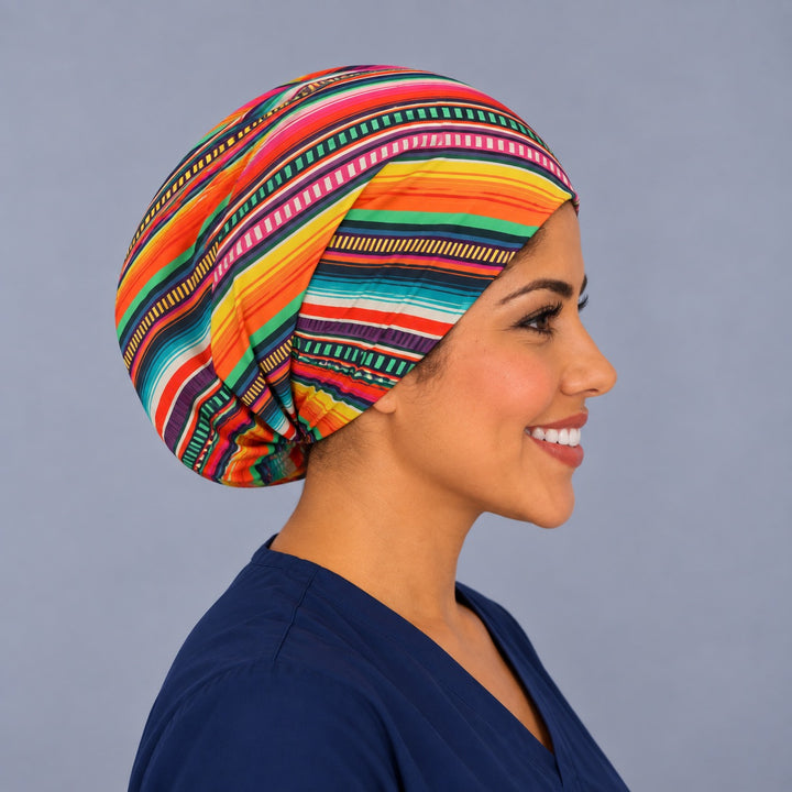 Right profile of the sarape stripe bouffant scrub cap, full gathered crown for long, thick or curly hair, gorro quirúrgico de sarape