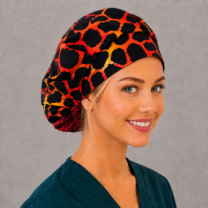 Sassy leopard bouffant surgical cap for long hair, left angled view — deep gathered fit that secures thick or braided hair