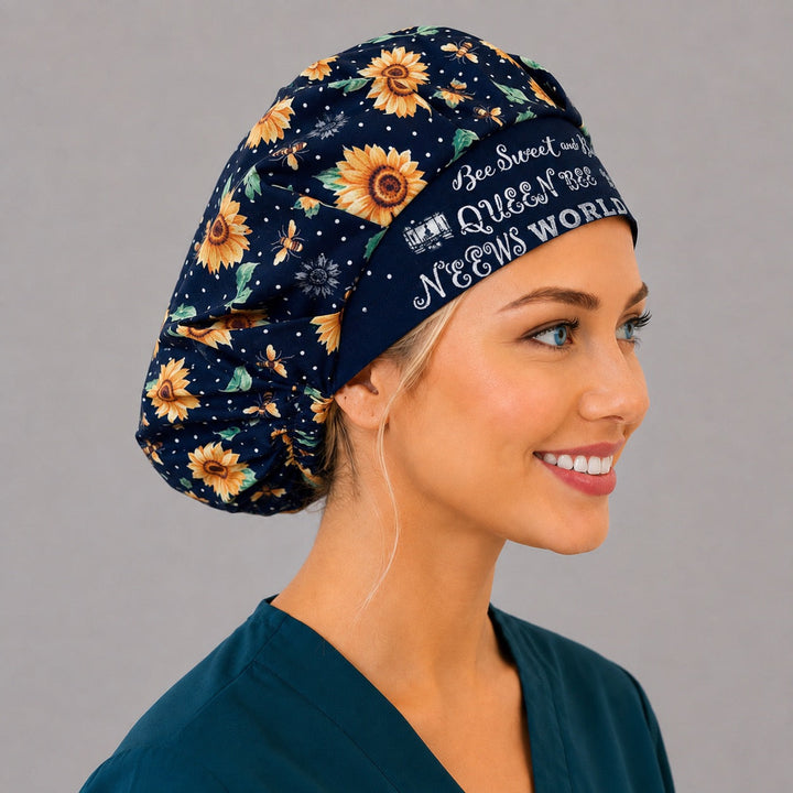 Save the Bees bouffant surgical cap for women, side view — sunflower and honeybee print bouffant hat, breathable cotton
