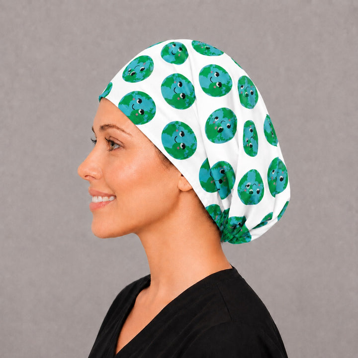 Save the planet Euro cap for women, left side profile — handmade Earth Day surgical cap, USA made