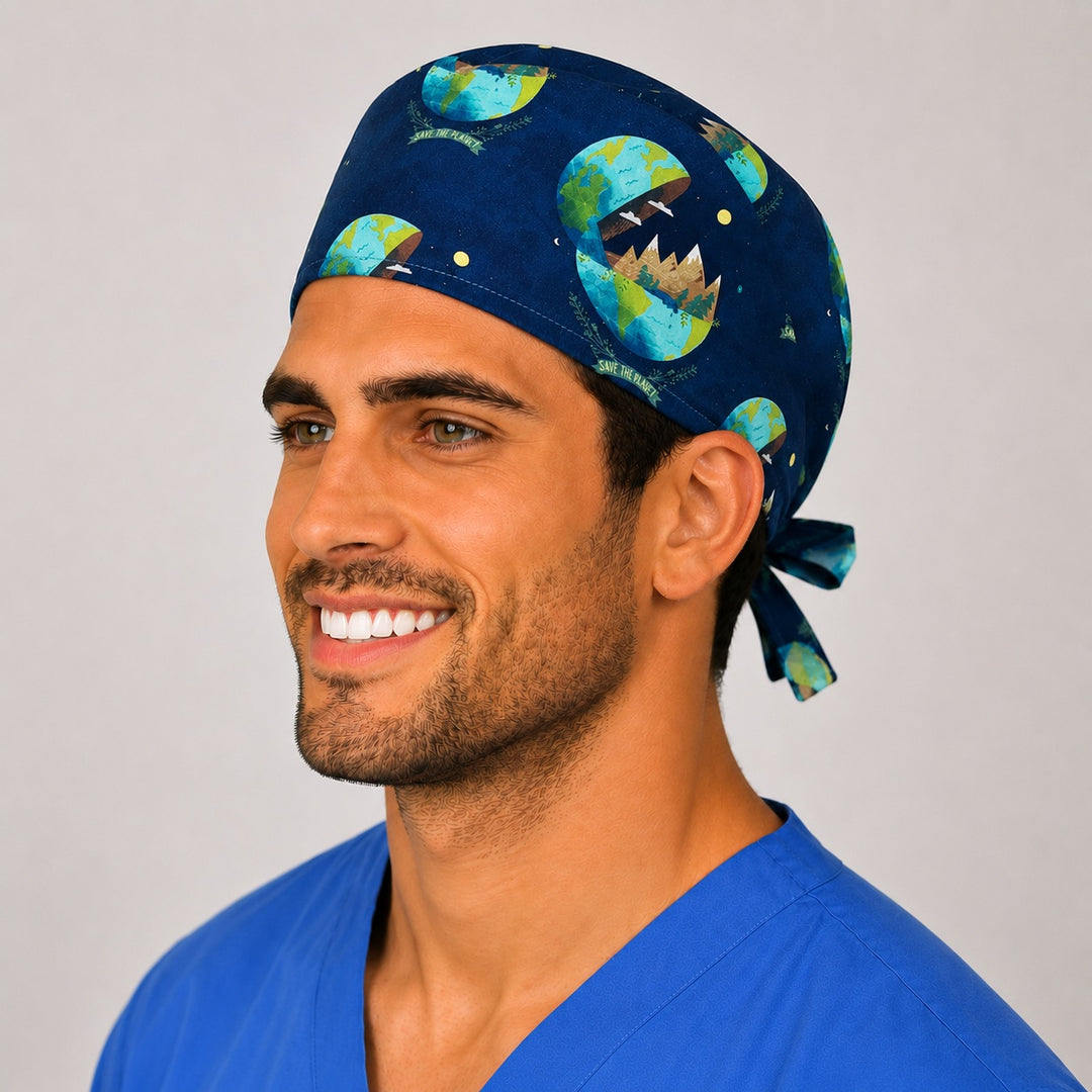Save the Planet earth print scrub cap on a smiling male nurse, side view showing the navy Earth and trees print and tie-back