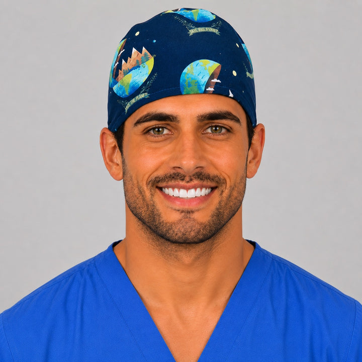 Man wearing a Save the Planet tie-back scrub cap with watercolor Earths and trees on navy, front view — OR World eco surgical hat