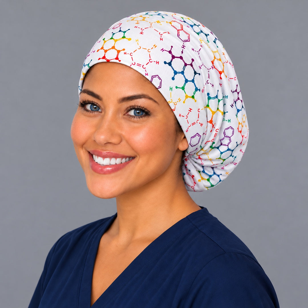 Left three-quarter angle of a smiling healthcare worker in a science STEM euro cap, with ball-and-stick molecules shown at true print scale on the band