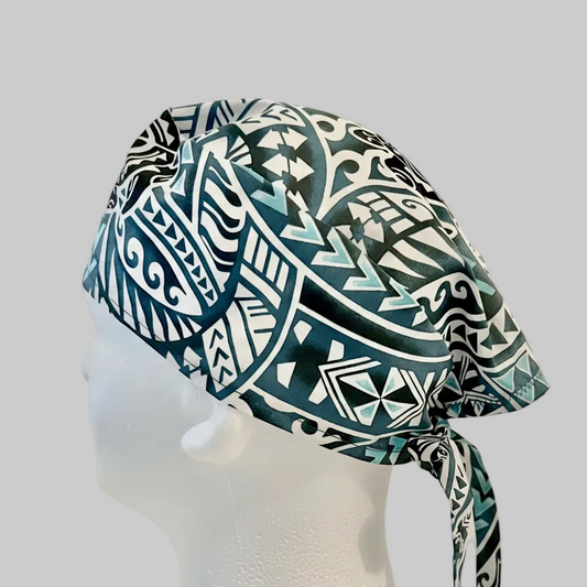 Hawaiian Sea Turtle Scrub Cap – Tribal Honu Print Surgical Cap, Teal & Black Nurse Scrub Hat, Coastal Medical Cap