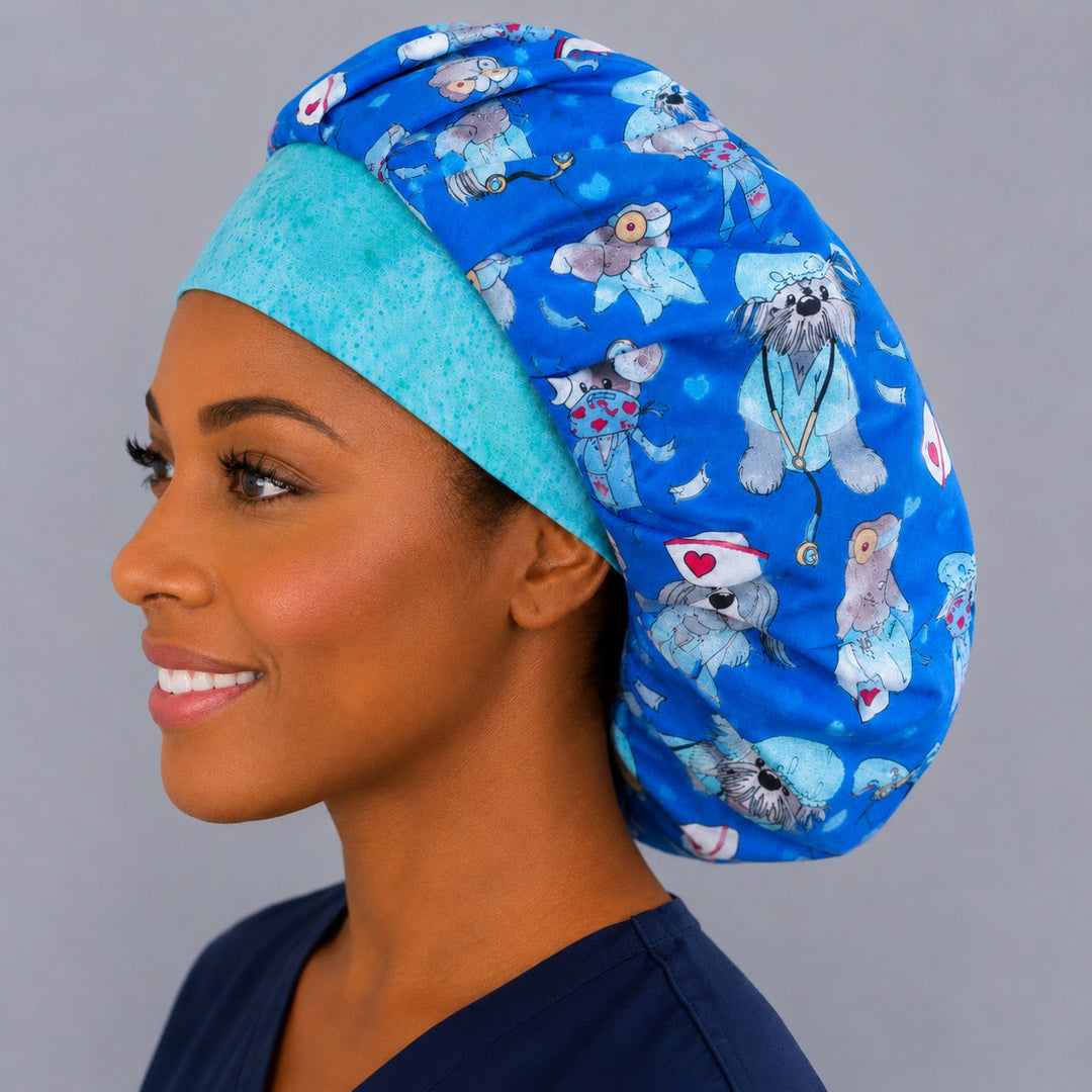 Scrub dogs bouffant surgical cap, three-quarter view — puppies in medical gowns print, great gift for vet techs and veterinary staff