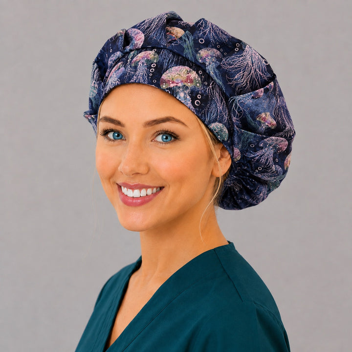 Sea life jellyfish bouffant surgical cap for long hair, left angled view — deep gathered fit that secures thick or braided hair