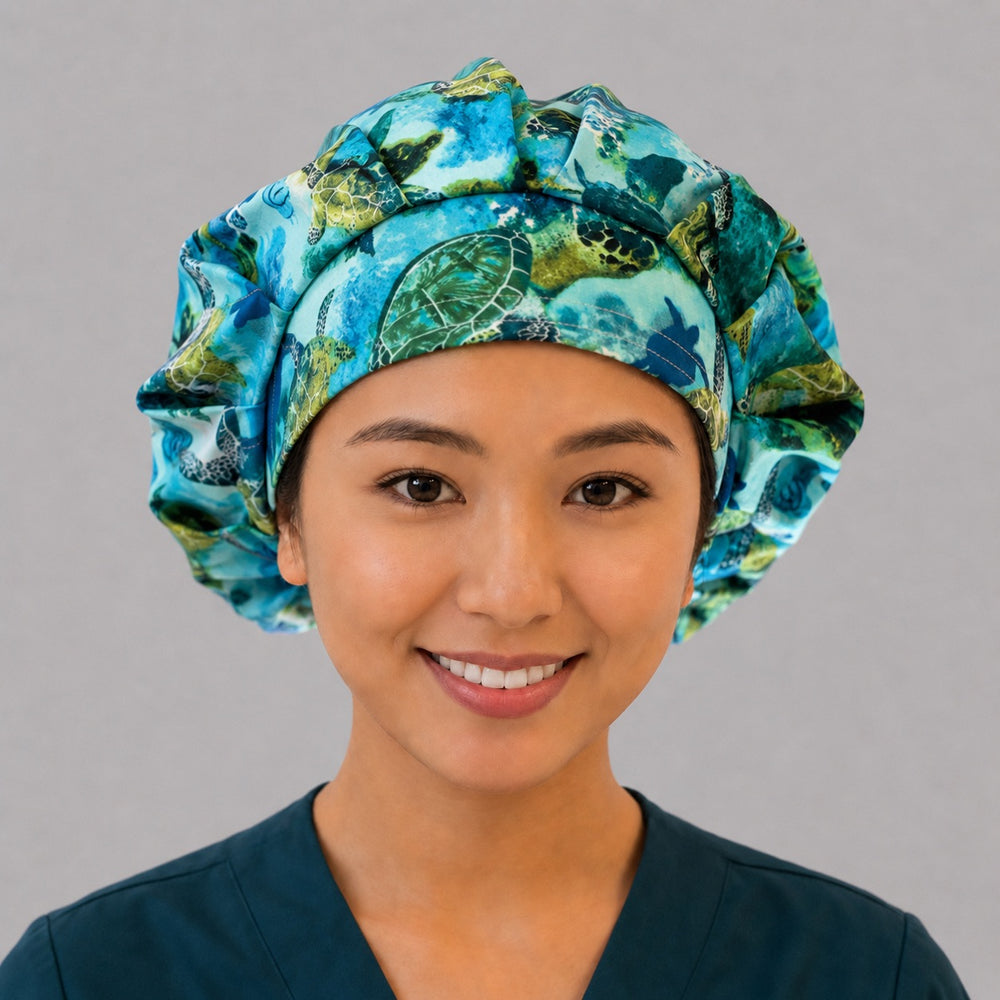Sea turtle ocean bouffant scrub cap for women, front view, green sea turtles swimming through teal coral reef, handmade marine-life surgical hat by OR World
