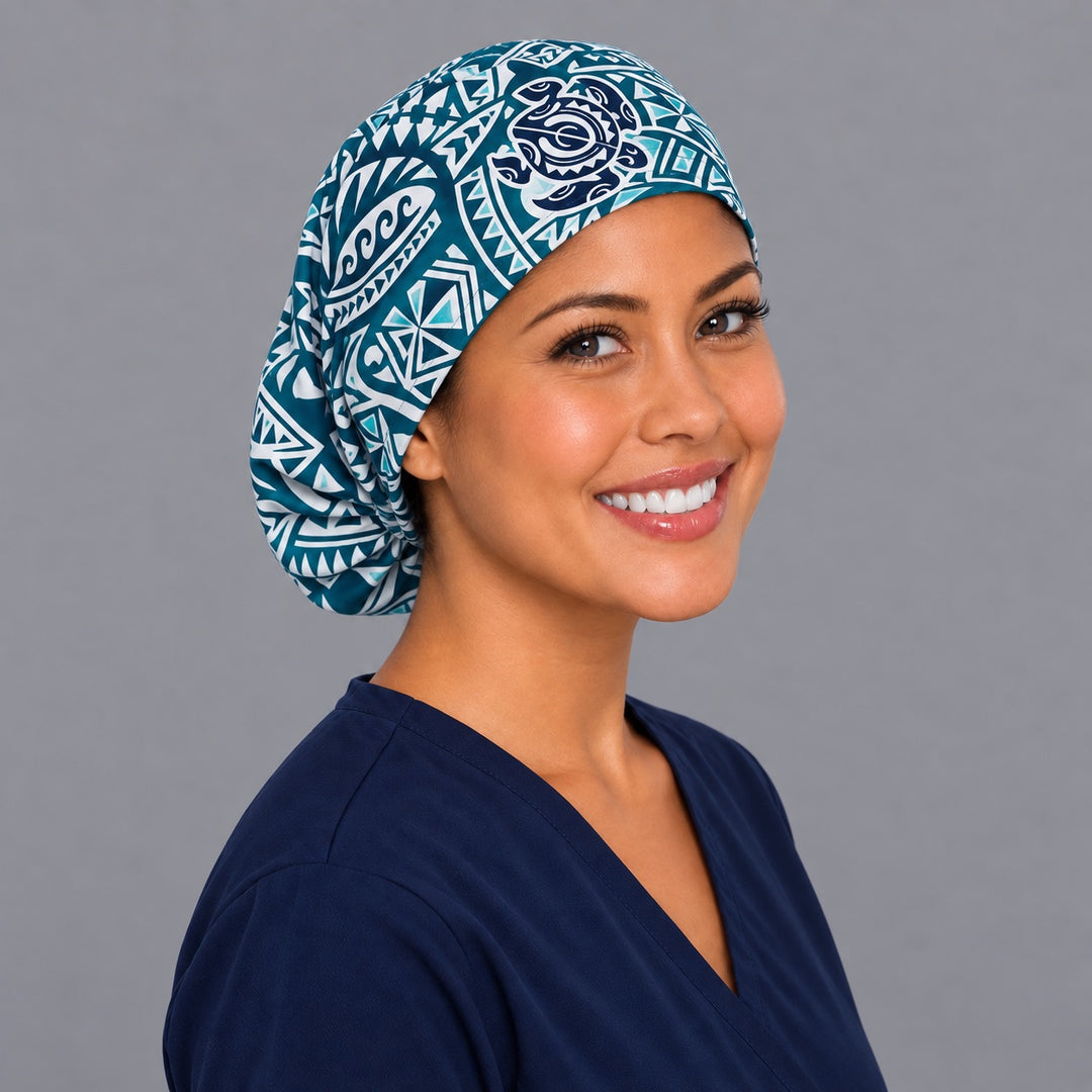 Sea turtle tribal Euro scrub cap, right angled smiling view — teal and emerald geometric print for OR nurses and surgical techs