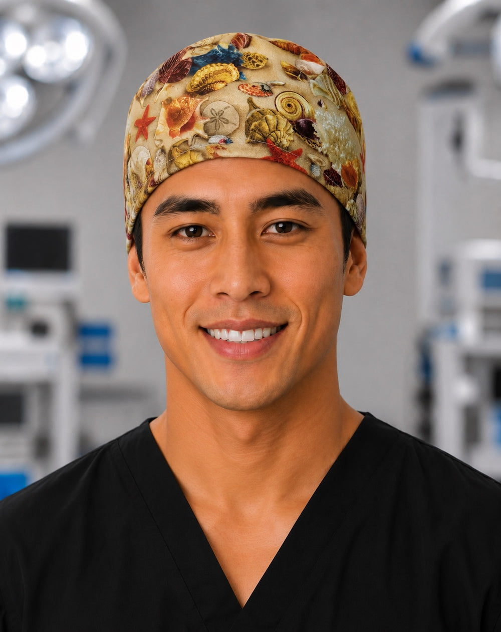 Seashells beach scrub cap with shells, starfish and sand dollars on sand, handmade men's tie-back coastal surgical hat on male OR nurse, front view