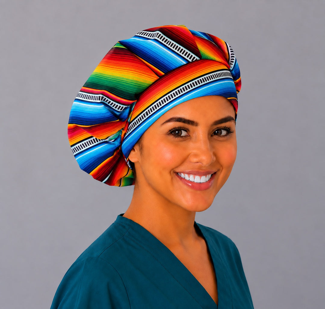 Right angle of the serape bouffant scrub cap showing extra volume for long, thick or curly hair, gorro quirúrgico bouffant de sarape