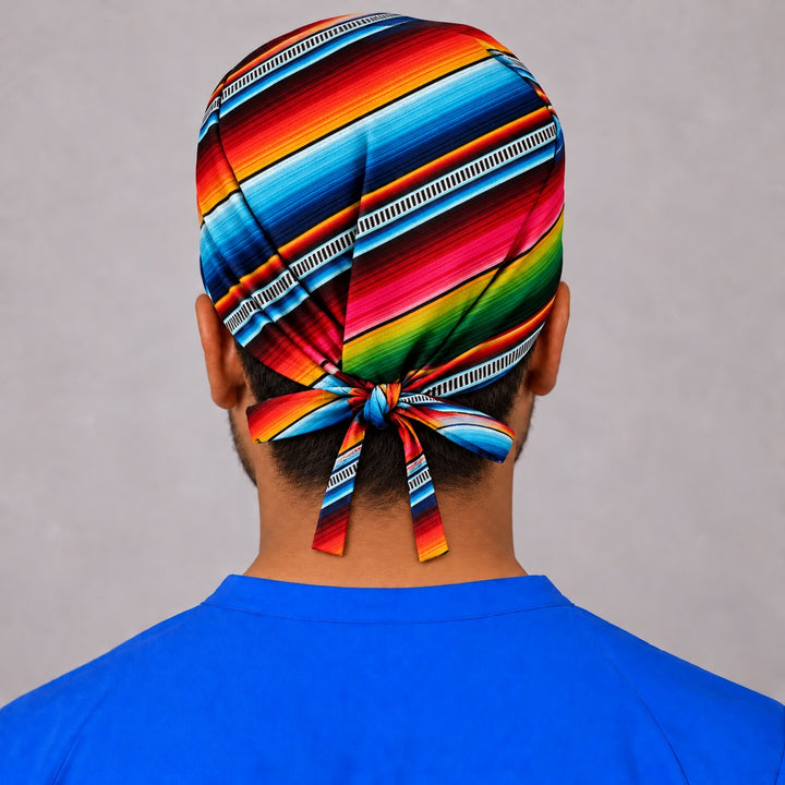 Back view of a handmade Mexican serape tie-back scrub cap for men, long fabric ties knotted at the neck for an adjustable fit without elastic, gorro quirúrgico de sarape para hombre