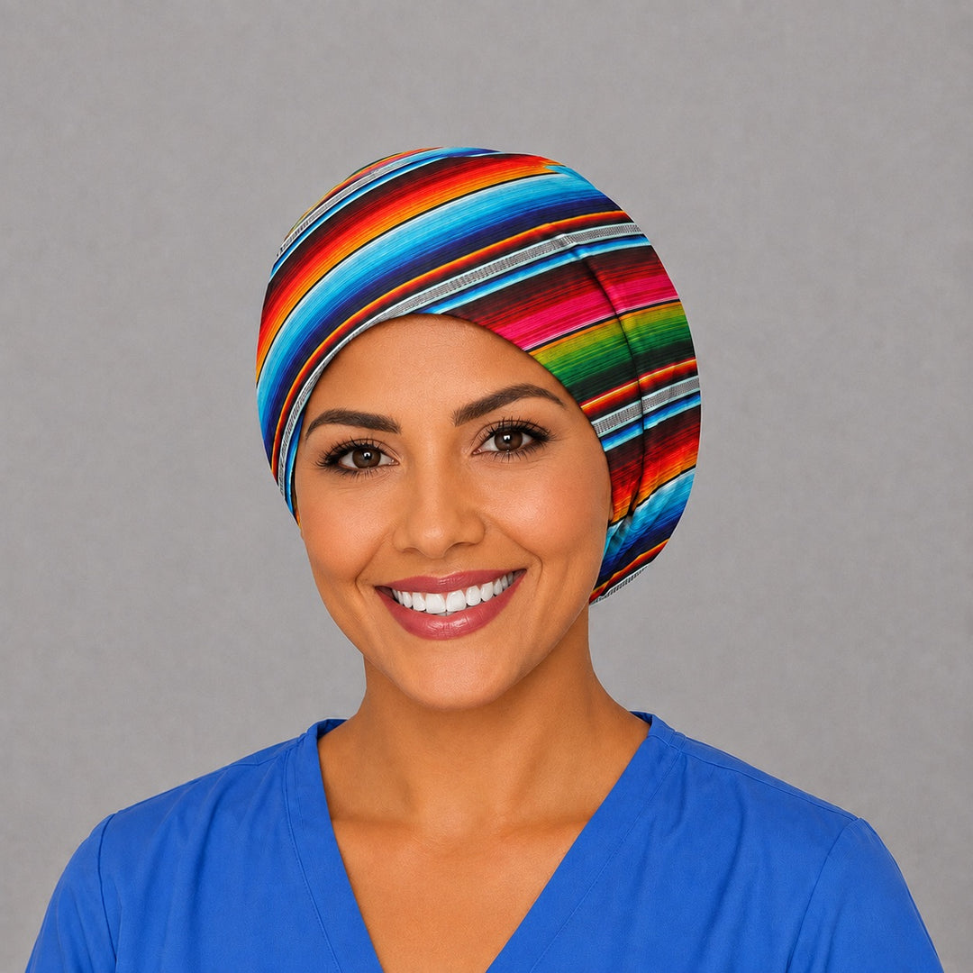 Right side profile of the serape stripe Euro surgical hat — red, blue and green Mexican blanket print, breathable cotton cap for nurses