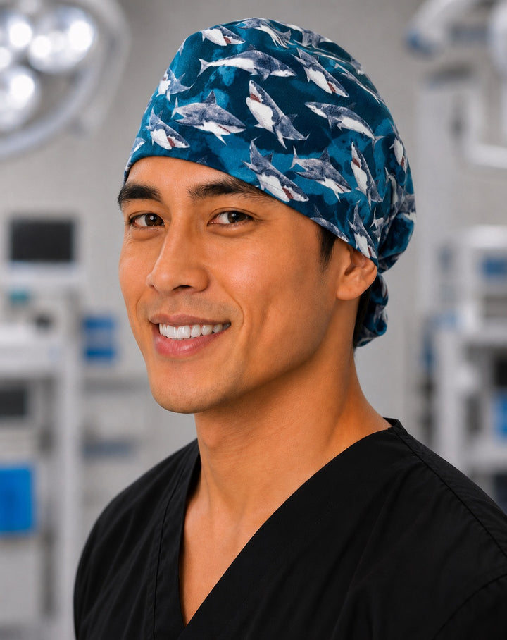 Shark scrub cap with great white and blue sharks on midnight blue, handmade men&