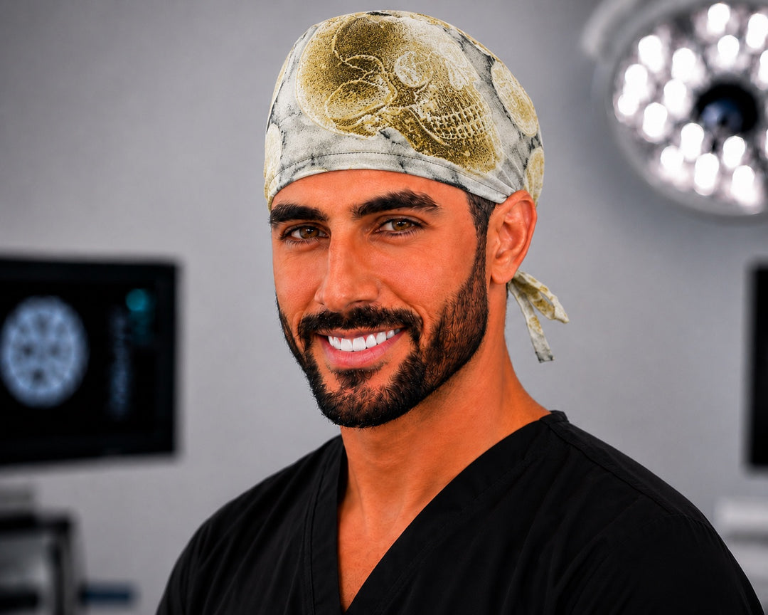 Male surgical tech smiling in neutral bone skeleton skull scrub cap handmade in the USA