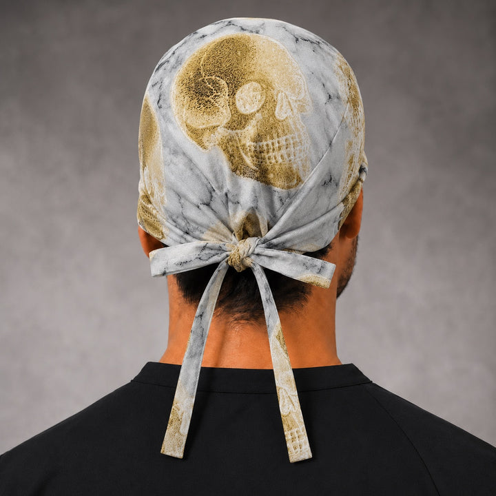 Back view of adjustable tie-back knot on skeleton skull men&