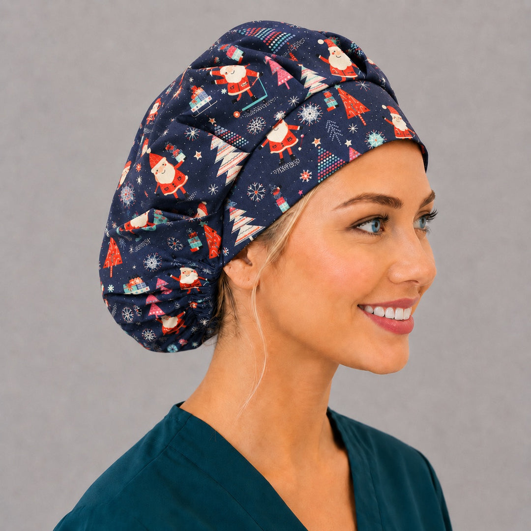 Skiing Santa bouffant cap for women, right side profile — handmade navy Christmas surgical cap, USA made
