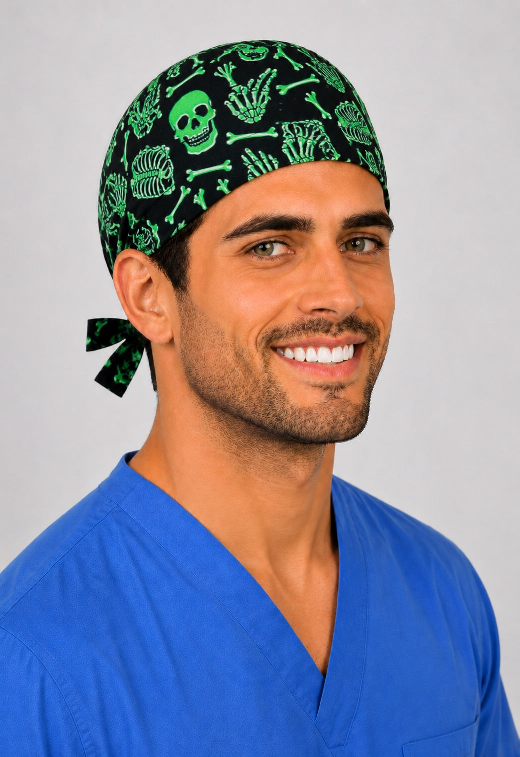 Neon green skull and bones scrub cap side view — spooky black tie-back surgical cap, handmade in the USA, gift for nurses