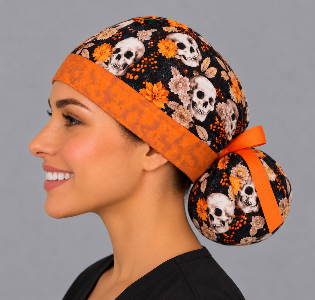 Opposite side profile of a skull print ponytail OR cap, showing the topstitched contrast band meeting the ribbon tie behind the ear