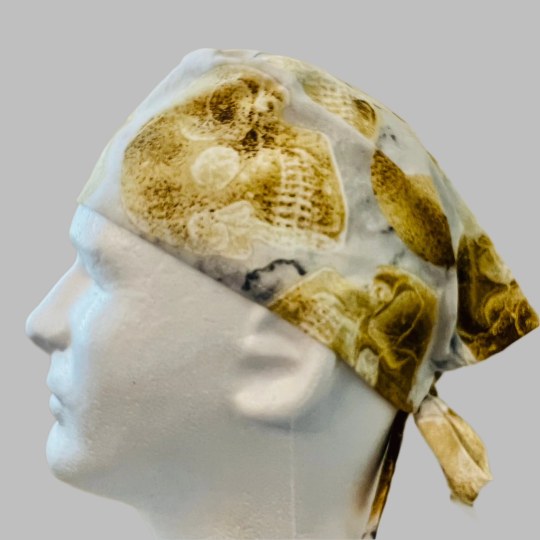 Fossil Skull Men’s Scrub Cap – Neutral Bone Surgical Hat – Earth Tone OR Cap – Tie Back Scrub Cap
