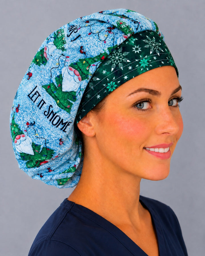 Sky blue gnome bouffant cap for women, right angled smiling view — handmade Let It Snome holiday surgical cap, USA made