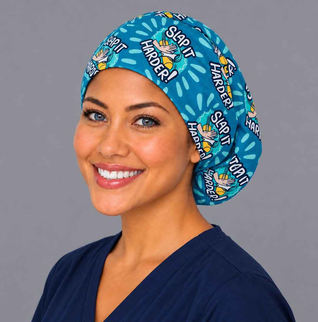 Slap It Harder Euro cap, right angled smiling view — handmade medical humor surgical cap, USA made