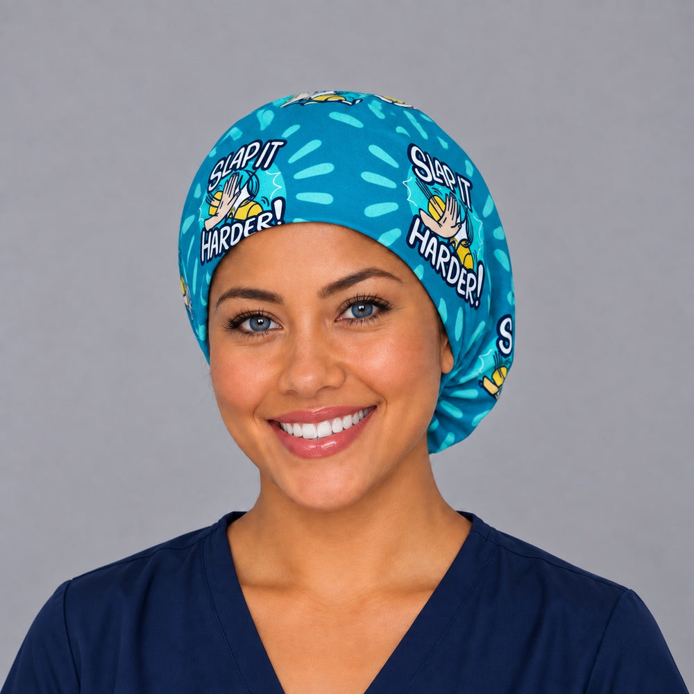 Woman wearing a Slap It Harder Euro scrub cap, front view — funny ortho mallet print on teal, adjustable surgical hat