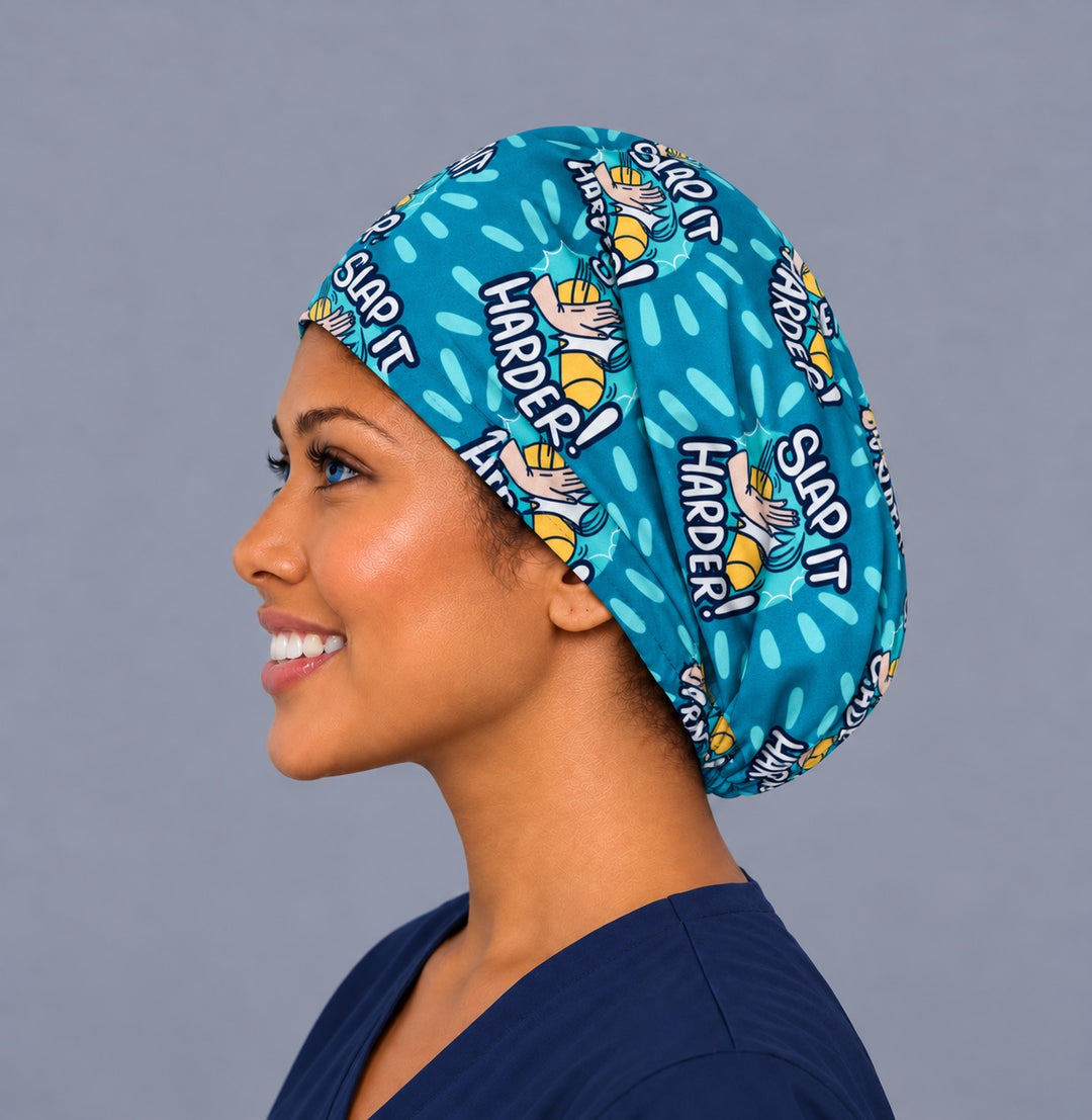 Slap It Harder Euro surgical cap, left side profile — elastic adjustable back that secures long or thick hair