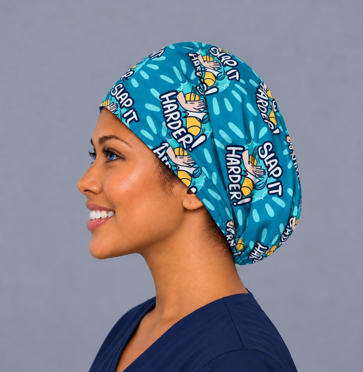 Slap It Harder Euro surgical cap, left side profile — elastic adjustable back that secures long or thick hair