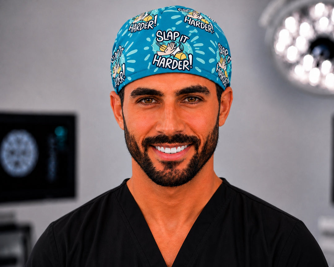 Man in Slap It Harder funny surgical scrub cap for men, medical humor surgical hat, straight front view