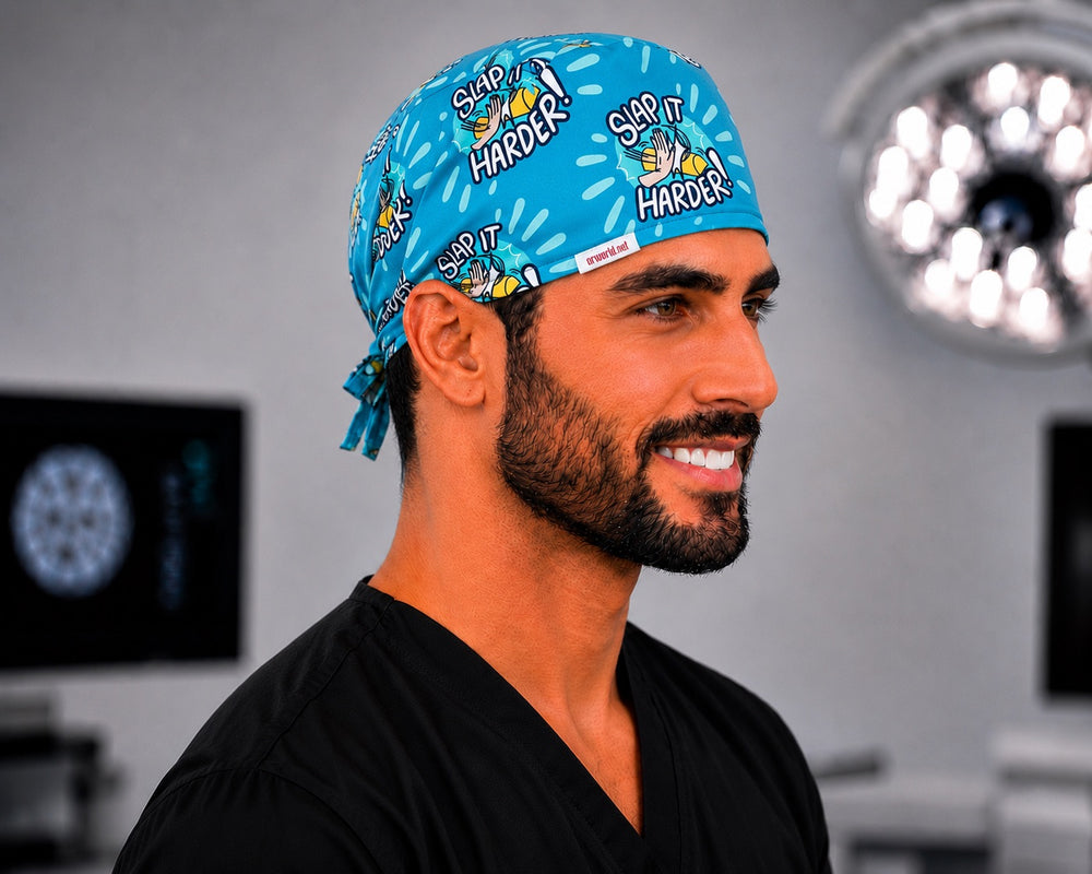 Slap It Harder medical humor scrub cap on a man, side profile — funny OR cap for surgical techs and nurses