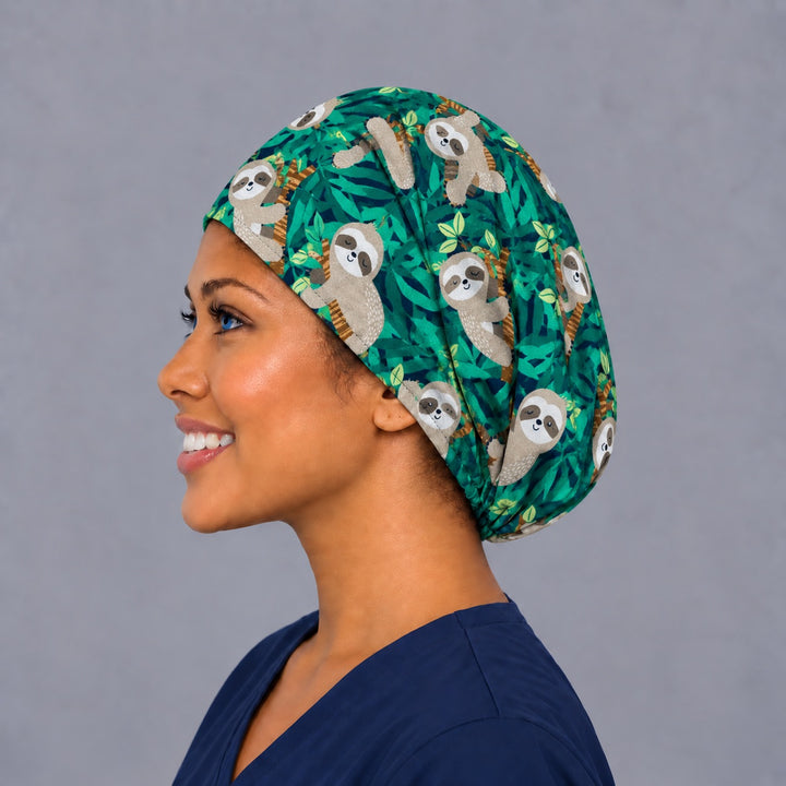 Sloth print Euro cap, left side profile — handmade green jungle surgical cap, USA made