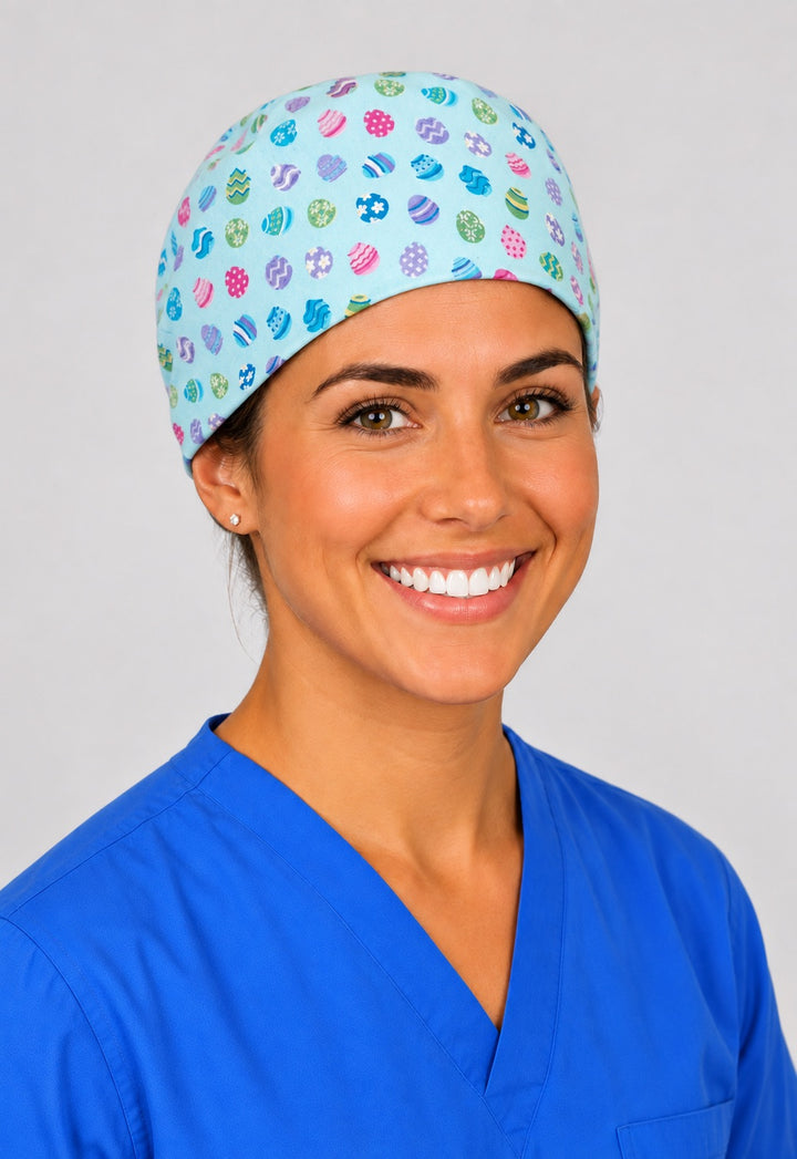 Small Easter egg print scrub cap in left angled view, spring gift for nurses and techs