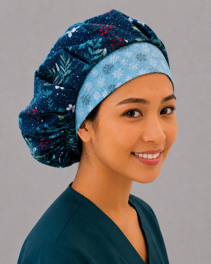 Snowflake band holly bouffant cap for women, angled smiling view — handmade navy Christmas surgical cap, USA made