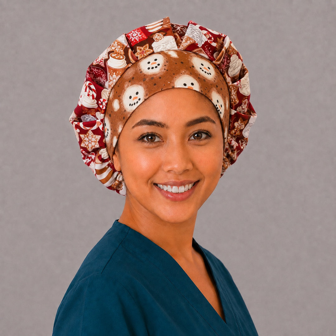 Snowman band hot chocolate bouffant surgical cap, right angled view — deep gathered fit that secures long thick or braided hair