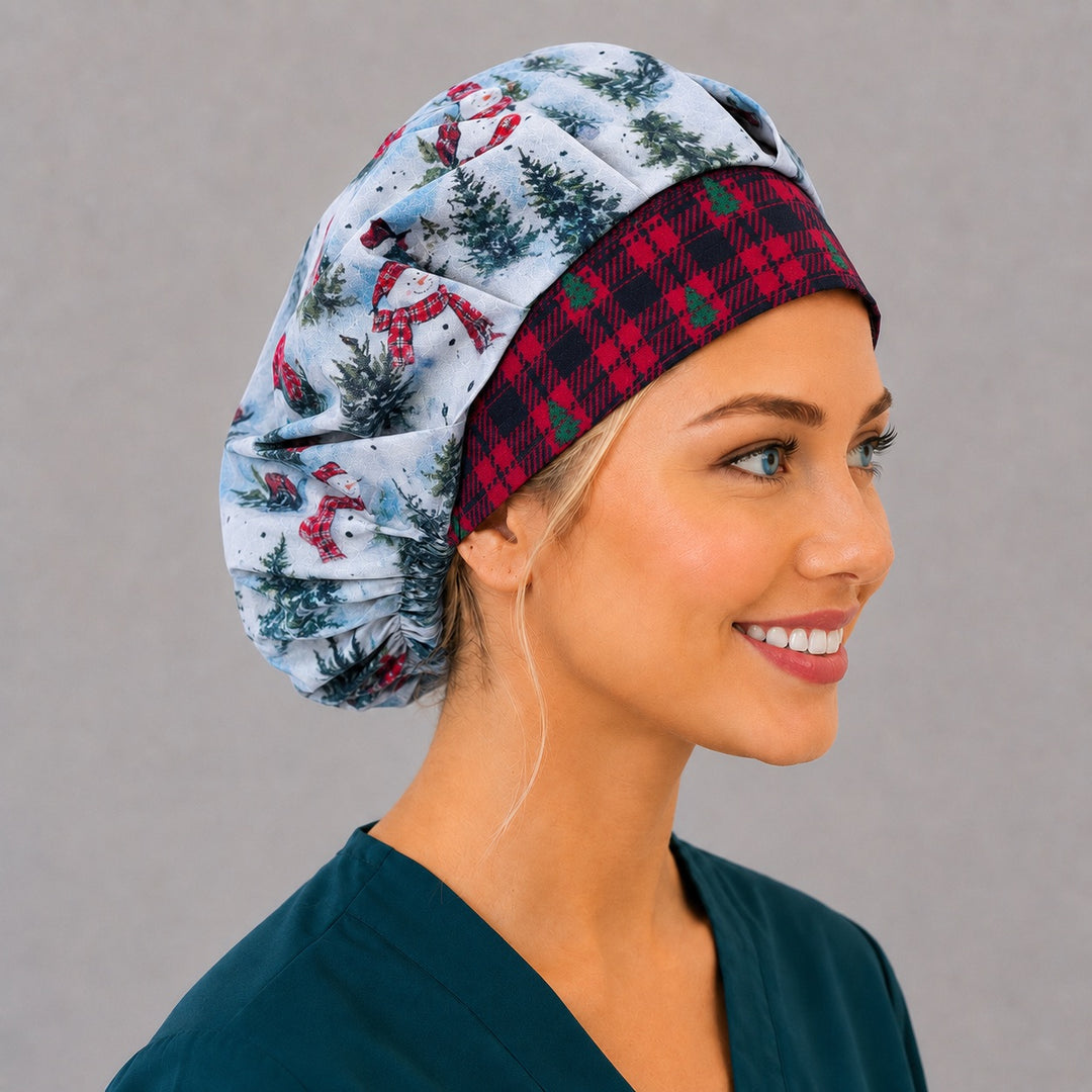 Side view of the snowman and cardinal bouffant surgical hat — snowy pine print with red and black plaid Christmas tree band, roomy cotton cap