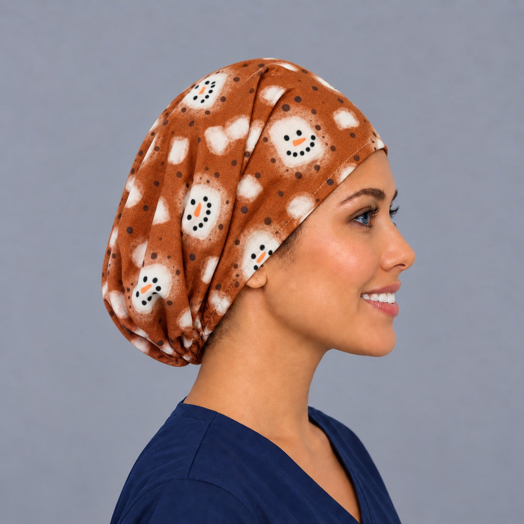 Right side profile of the snowman marshmallow Euro surgical hat — cocoa fleck print, breathable cotton cap for nurses