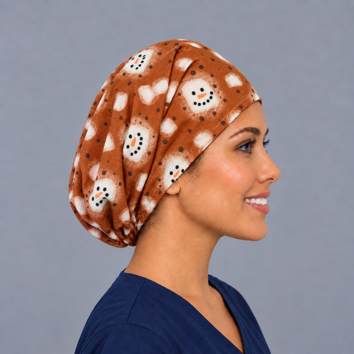 Right side profile of the snowman marshmallow Euro surgical hat — cocoa fleck print, breathable cotton cap for nurses