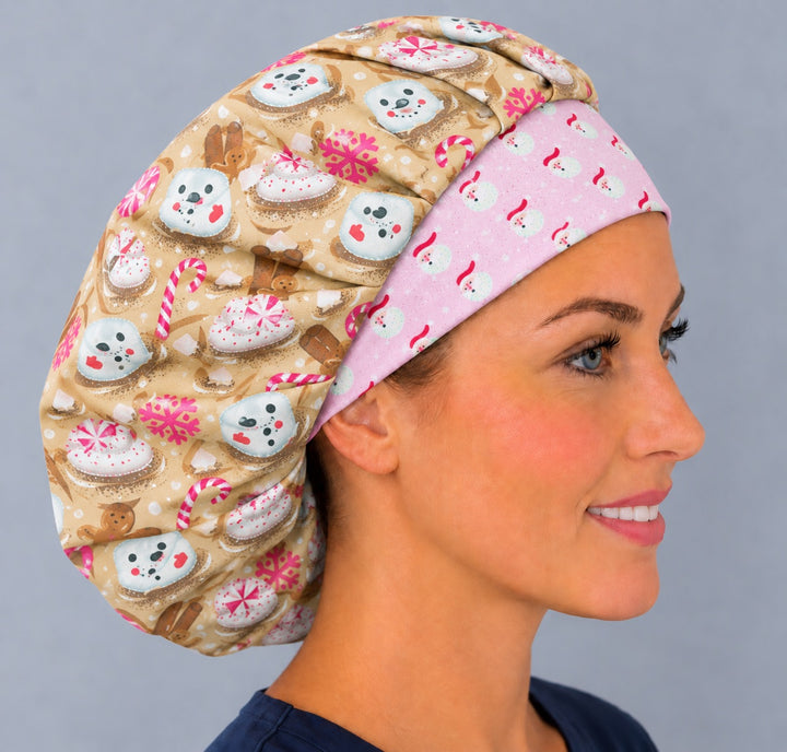 Right side profile of the snowman Santa bouffant surgical hat — pink contrast band with tiny Santa faces, breathable cotton cap