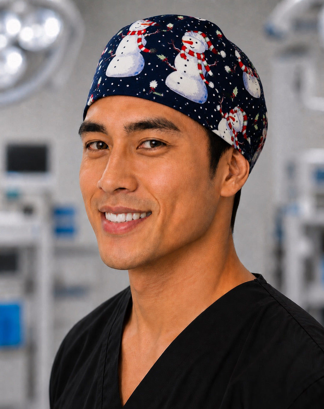 Three-quarter view of navy snowman men's tie-back scrub cap, holiday OR surgical hat handmade in the USA