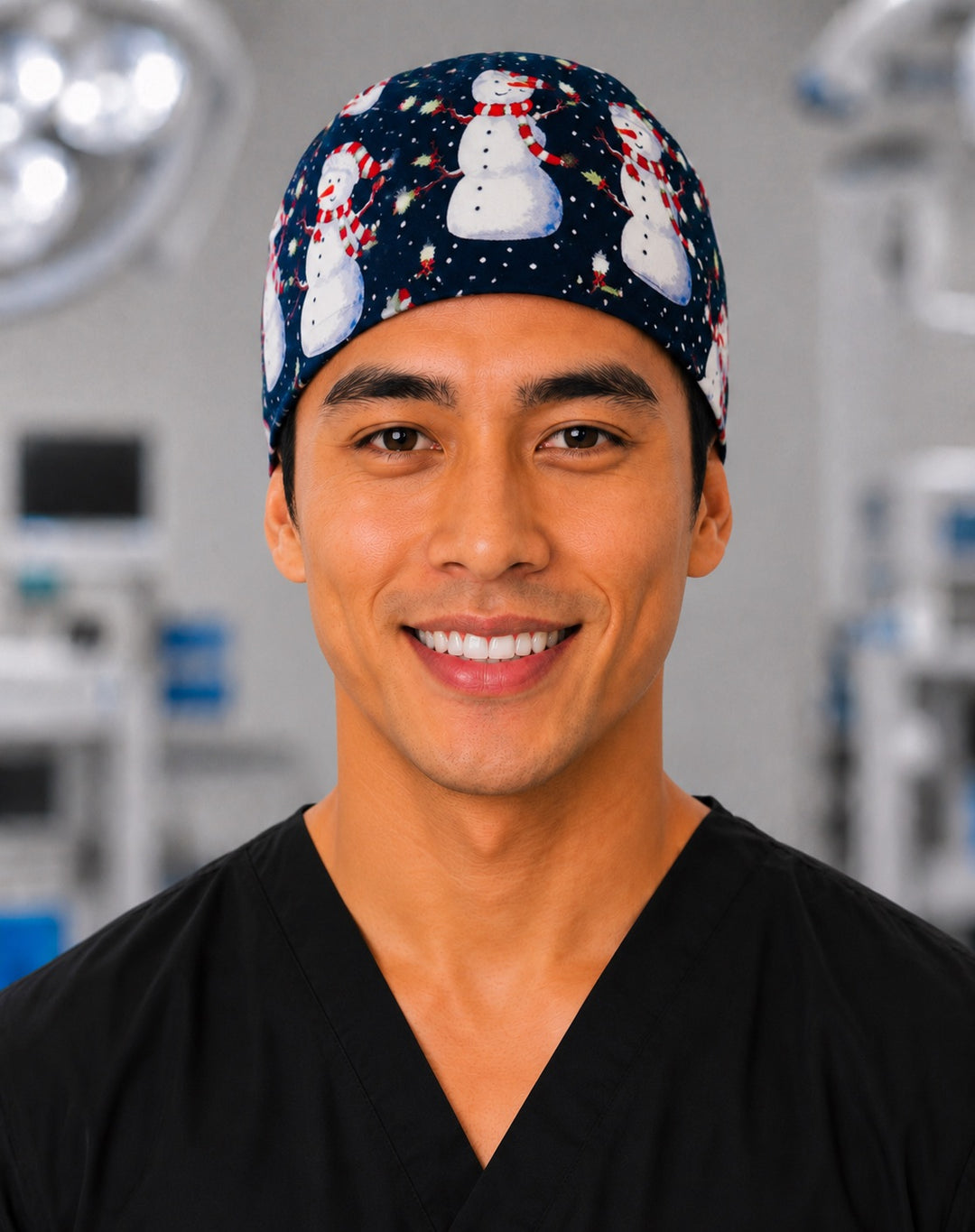 Snowman scrub cap with red and white scarved snowmen on navy, handmade men&